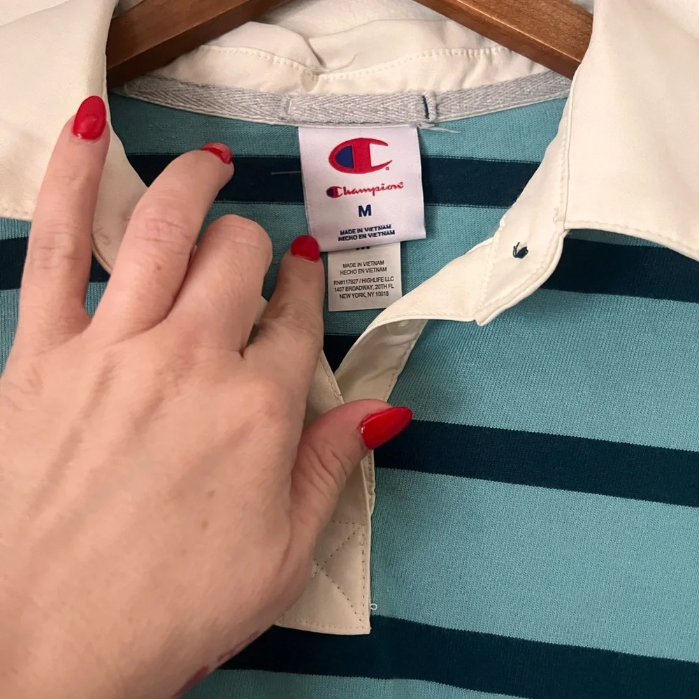 Champion Striped Rugby Polo in Teal, Navy & White - Picture 2 of 2